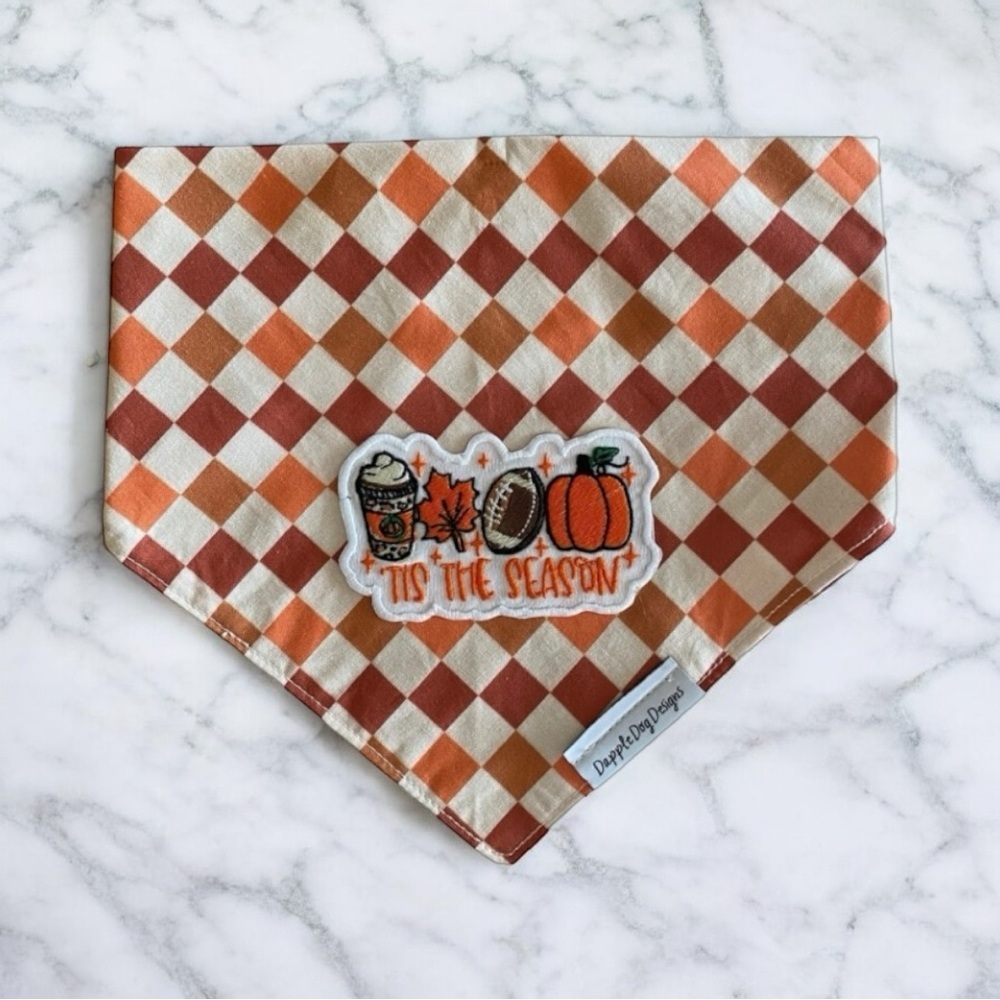 DOG Bandana - Fall Checkers w/ Patch - Size L Large